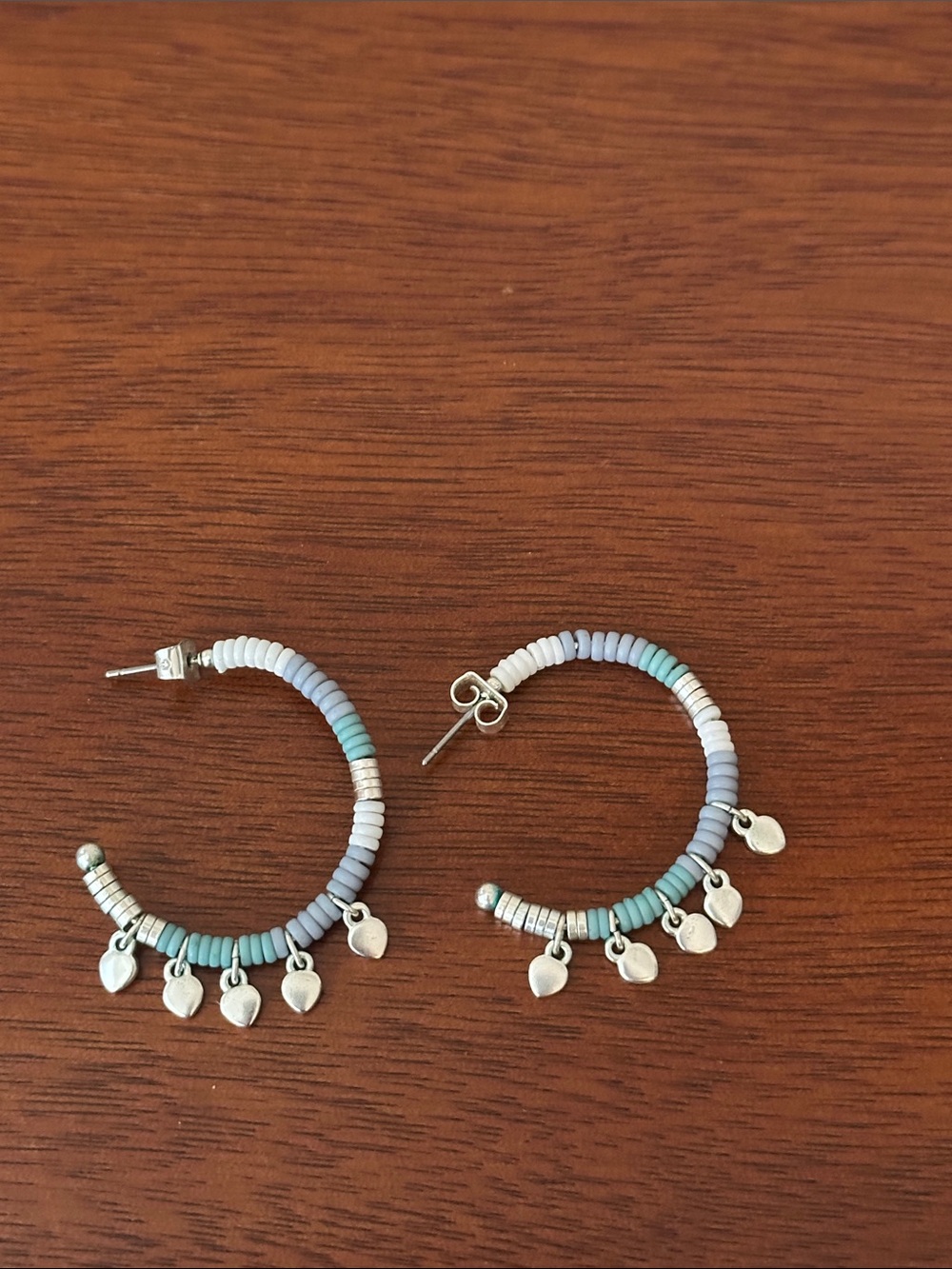 Lucky Brand Gradient Blue & White Beaded Hoop Earrings with Silver Leaf Charms